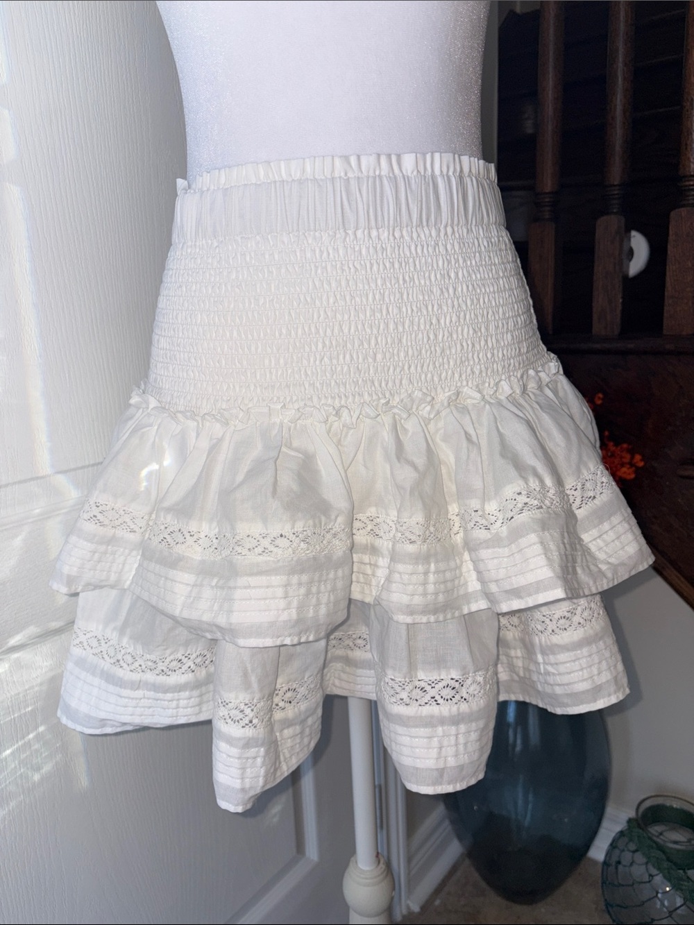 H&M Boho Chic White Ruffled Lace Mini Skirt
